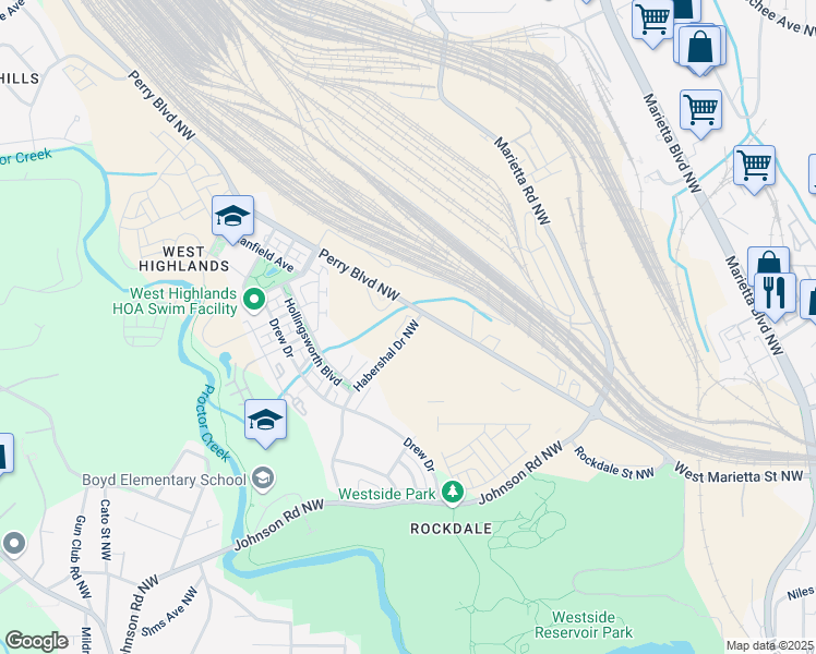 map of restaurants, bars, coffee shops, grocery stores, and more near 1744 Habershal Drive Northwest in Atlanta