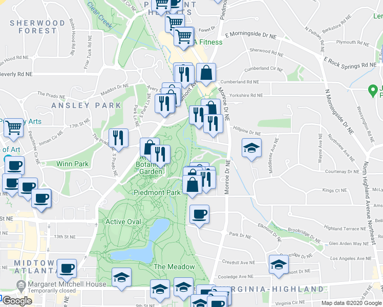 map of restaurants, bars, coffee shops, grocery stores, and more near Interim Eastside BeltLine Trail in Atlanta