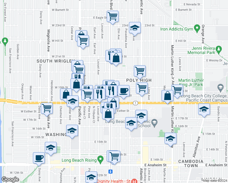 map of restaurants, bars, coffee shops, grocery stores, and more near 1831a Long Beach Boulevard in Long Beach