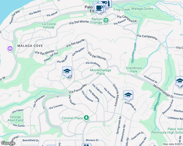 map of restaurants, bars, coffee shops, grocery stores, and more near 2229 Vía Fernandez in Palos Verdes Estates