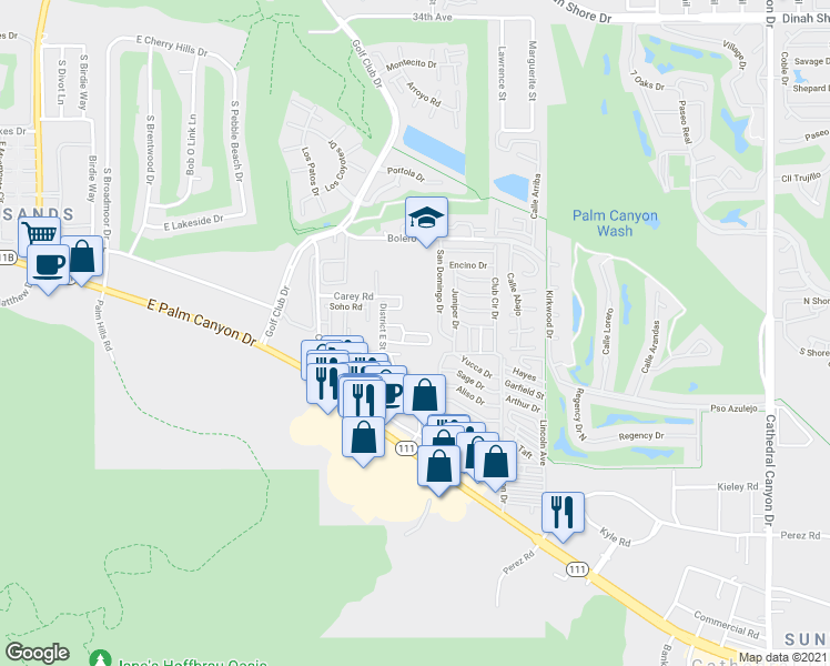map of restaurants, bars, coffee shops, grocery stores, and more near Filmore Road in Cathedral City