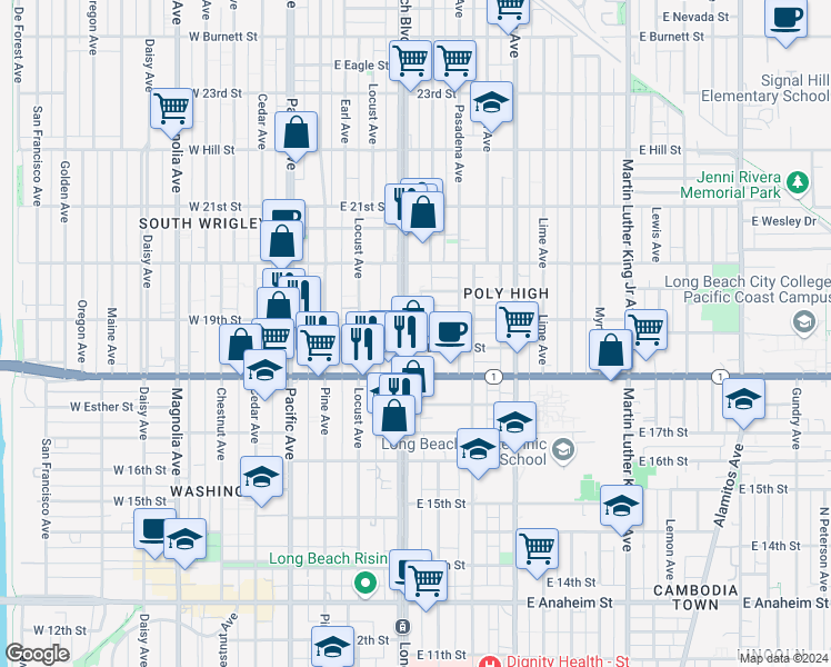 map of restaurants, bars, coffee shops, grocery stores, and more near 302 East 19th Street in Long Beach