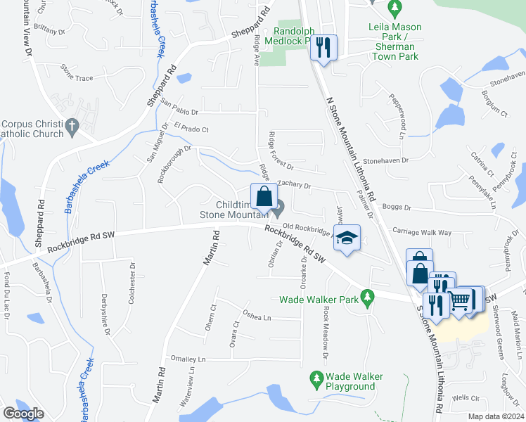 map of restaurants, bars, coffee shops, grocery stores, and more near 5301 Stonebush Terrace in Stone Mountain