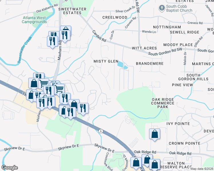 map of restaurants, bars, coffee shops, grocery stores, and more near 6633 Coventry Point in Austell