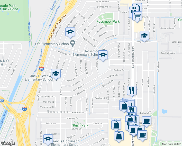 map of restaurants, bars, coffee shops, grocery stores, and more near 11821 Harrisburg Road in Los Alamitos