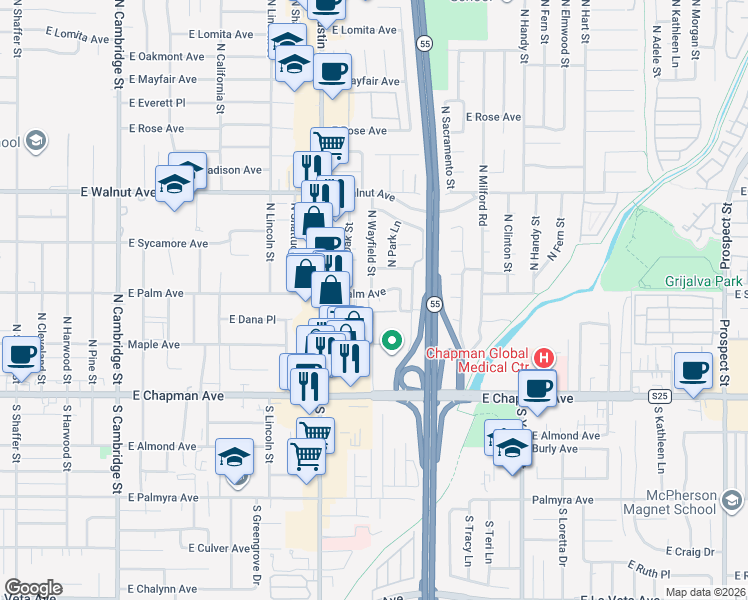 map of restaurants, bars, coffee shops, grocery stores, and more near 1904 East Palm Avenue in Orange