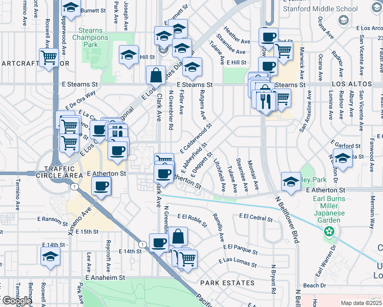 map of restaurants, bars, coffee shops, grocery stores, and more near 5261 East Abbeyfield Street in Long Beach