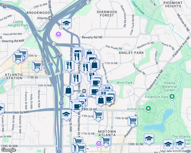 map of restaurants, bars, coffee shops, grocery stores, and more near 1327 Peachtree Street Northeast in Atlanta