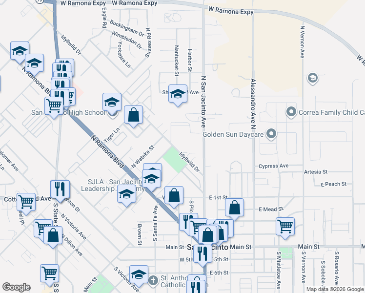 map of restaurants, bars, coffee shops, grocery stores, and more near 243 Idyllwild Drive in San Jacinto