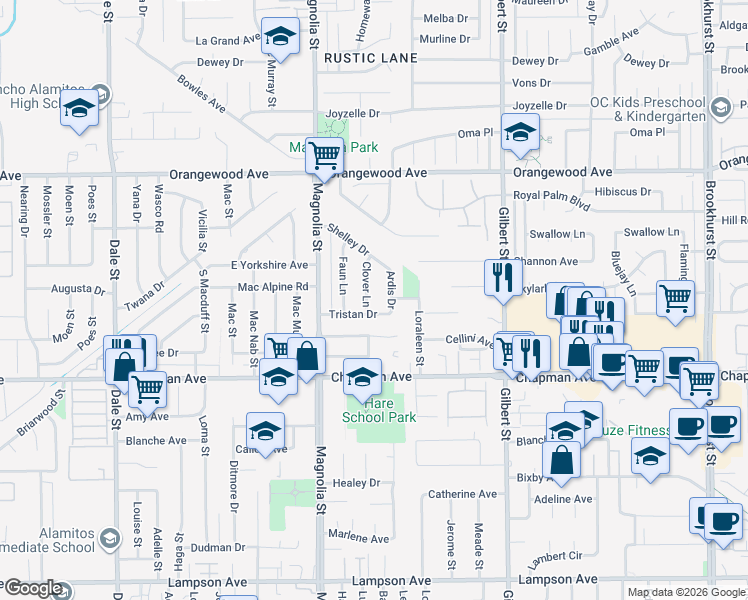 map of restaurants, bars, coffee shops, grocery stores, and more near 9102 Tristan Drive in Garden Grove
