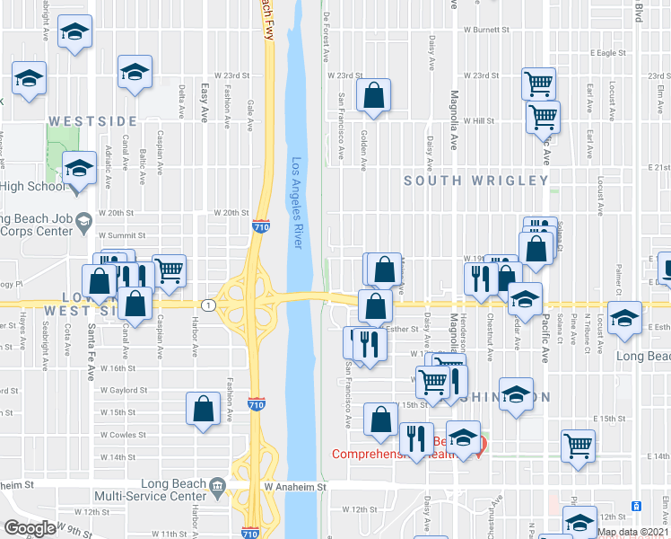 map of restaurants, bars, coffee shops, grocery stores, and more near 1851 De Forest Avenue in Long Beach