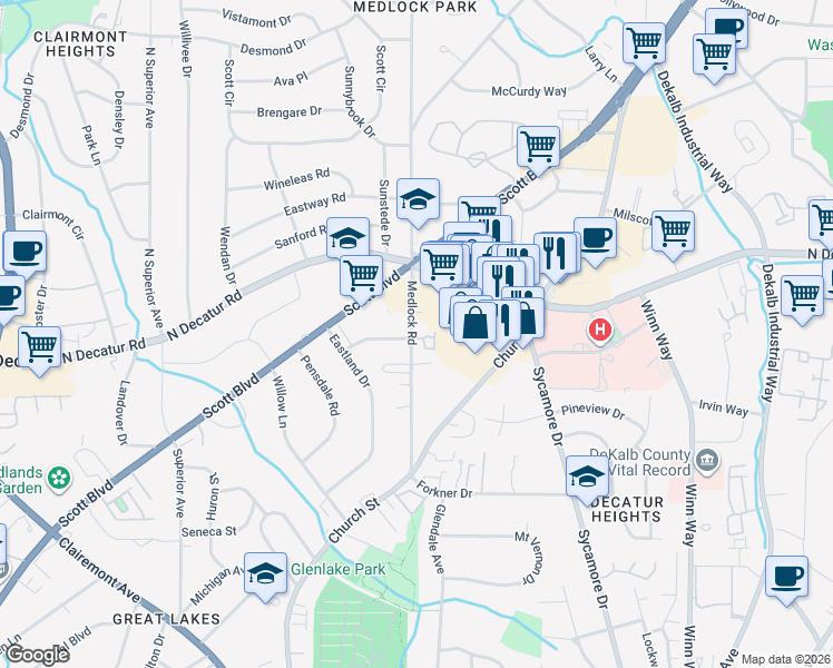 map of restaurants, bars, coffee shops, grocery stores, and more near 2446 Medlock Cmns in Decatur