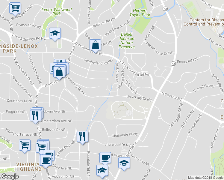 map of restaurants, bars, coffee shops, grocery stores, and more near 1104 Woodbridge Hollow Northeast in Atlanta