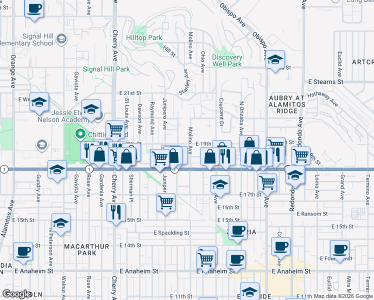 map of restaurants, bars, coffee shops, grocery stores, and more near 1881 Molino Avenue in Signal Hill