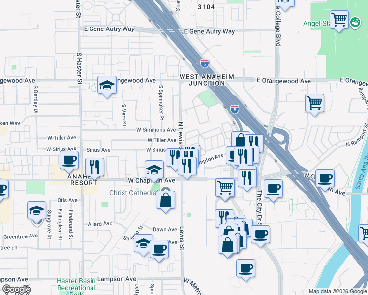 map of restaurants, bars, coffee shops, grocery stores, and more near 2300 Lewis Street in Anaheim