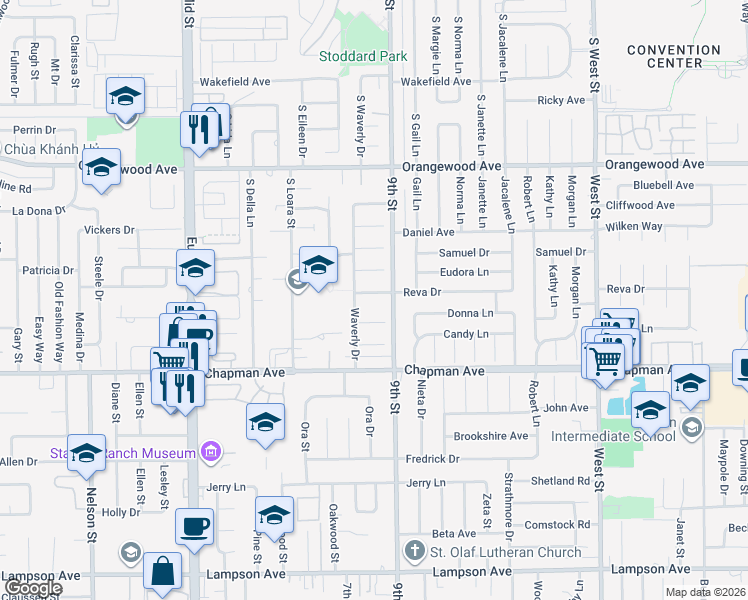 map of restaurants, bars, coffee shops, grocery stores, and more near 11432 Reva Drive in Garden Grove
