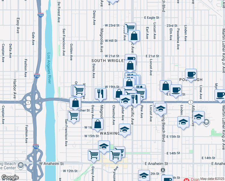 map of restaurants, bars, coffee shops, grocery stores, and more near 1871 Chestnut Avenue in Long Beach
