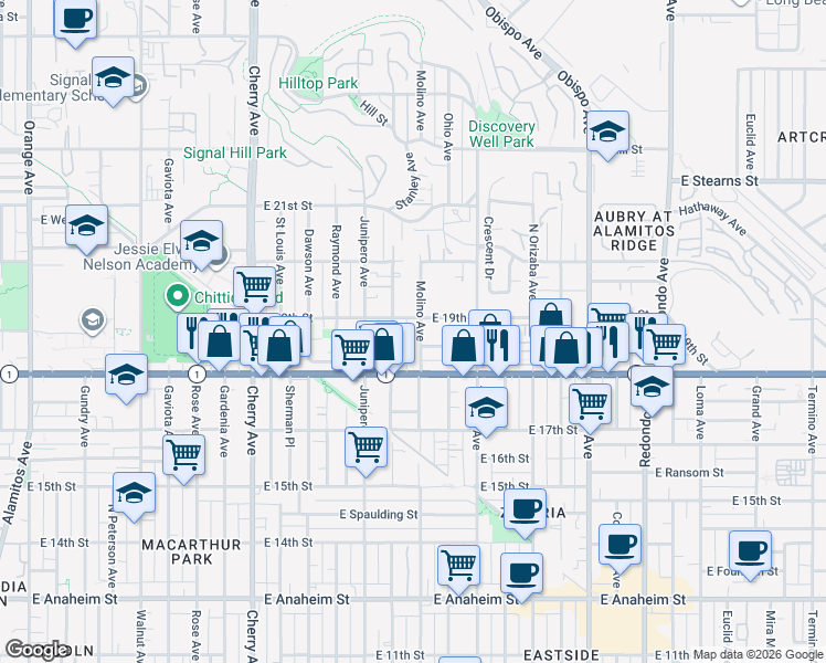 map of restaurants, bars, coffee shops, grocery stores, and more near 2601 East 19th Street in Signal Hill
