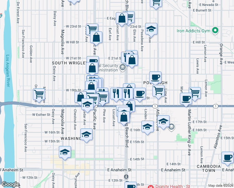 map of restaurants, bars, coffee shops, grocery stores, and more near 1916 Locust Avenue in Long Beach