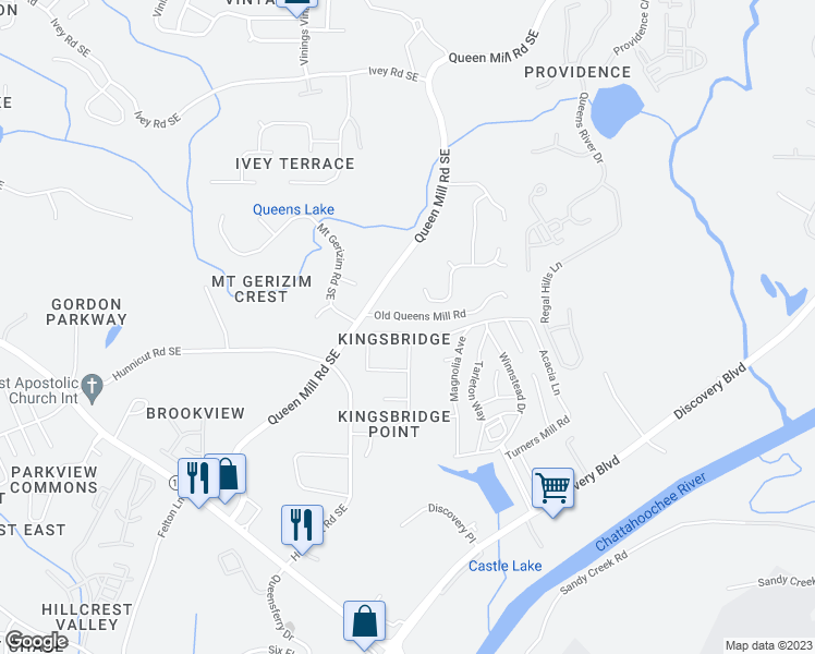 map of restaurants, bars, coffee shops, grocery stores, and more near 708 King Sword Court Southeast in Mableton