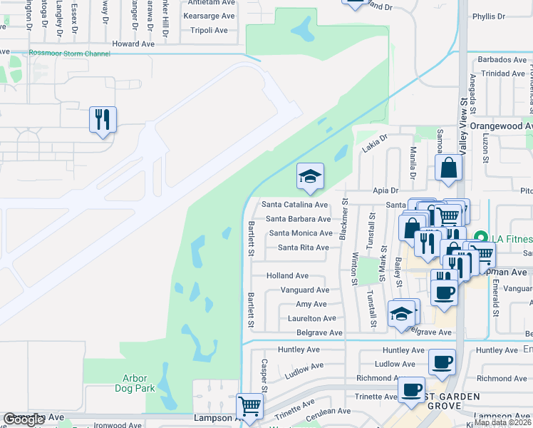 map of restaurants, bars, coffee shops, grocery stores, and more near 5311 Santa Barbara Avenue in Garden Grove