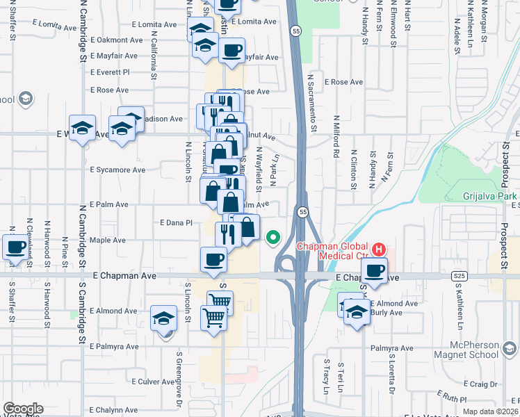 map of restaurants, bars, coffee shops, grocery stores, and more near 1904 East Palm Avenue in Orange