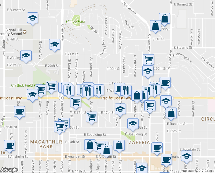 map of restaurants, bars, coffee shops, grocery stores, and more near 1878 Molino Avenue in Signal Hill