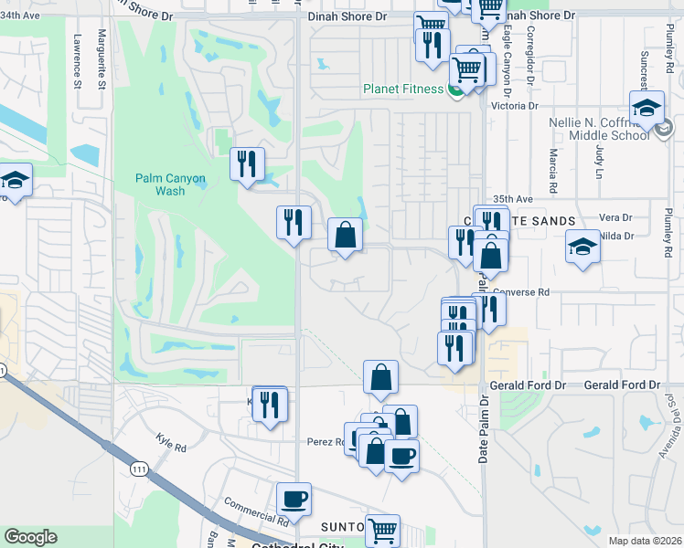 map of restaurants, bars, coffee shops, grocery stores, and more near 35200 Cathedral Canyon Drive in Cathedral City