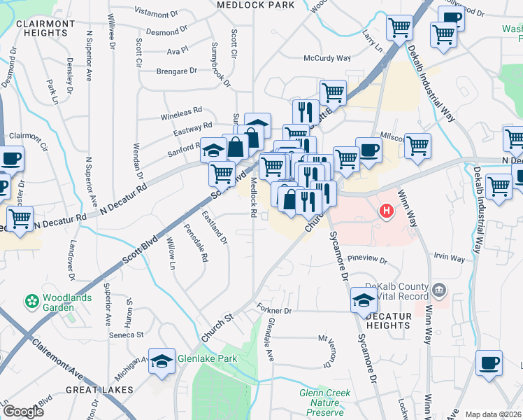 map of restaurants, bars, coffee shops, grocery stores, and more near 539 Medlock Road in Decatur