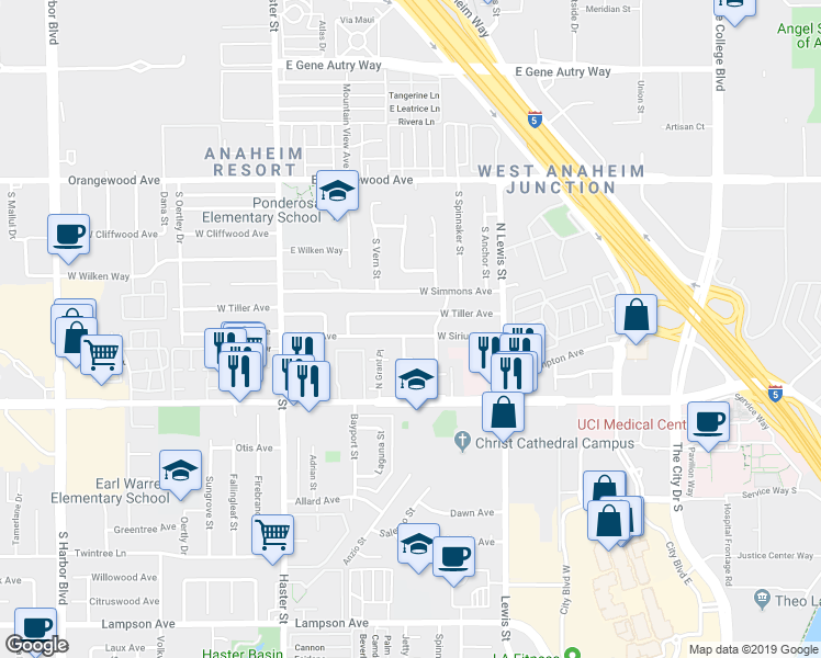 map of restaurants, bars, coffee shops, grocery stores, and more near 4409 West Sirius Avenue in Orange