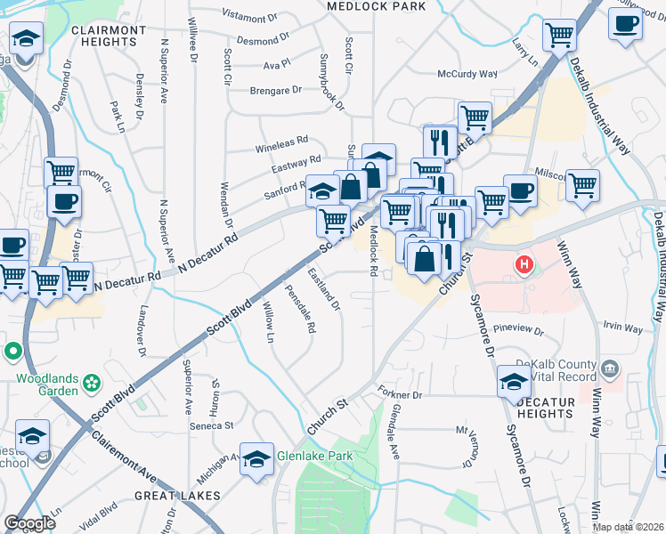 map of restaurants, bars, coffee shops, grocery stores, and more near 2378 Greylock Place in Decatur