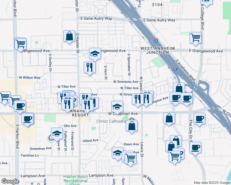 map of restaurants, bars, coffee shops, grocery stores, and more near 4409 West Sirius Avenue in Orange