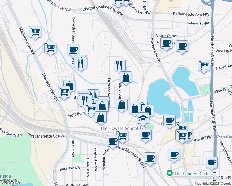 map of restaurants, bars, coffee shops, grocery stores, and more near 1329 Booth Avenue Northwest in Atlanta