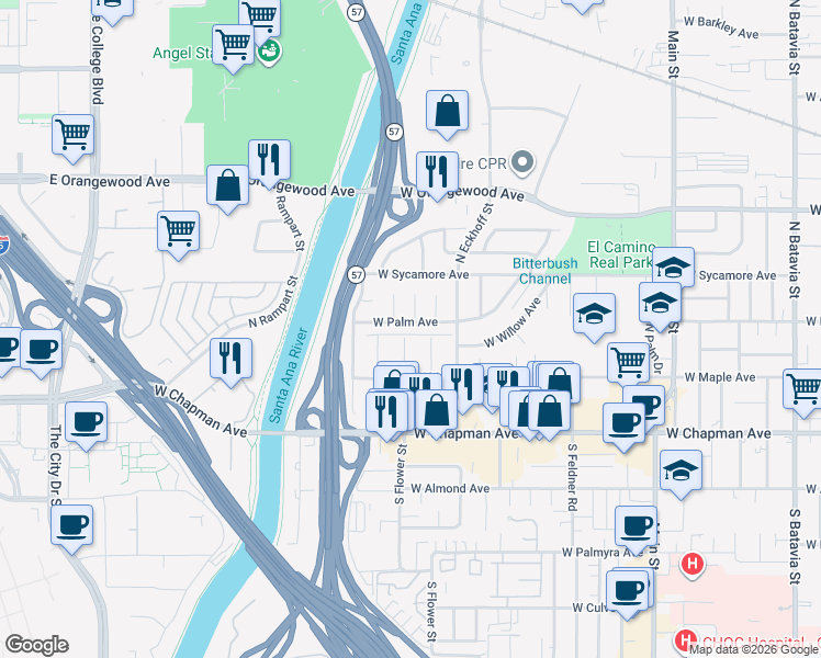 map of restaurants, bars, coffee shops, grocery stores, and more near 2234 West Palm Avenue in Orange