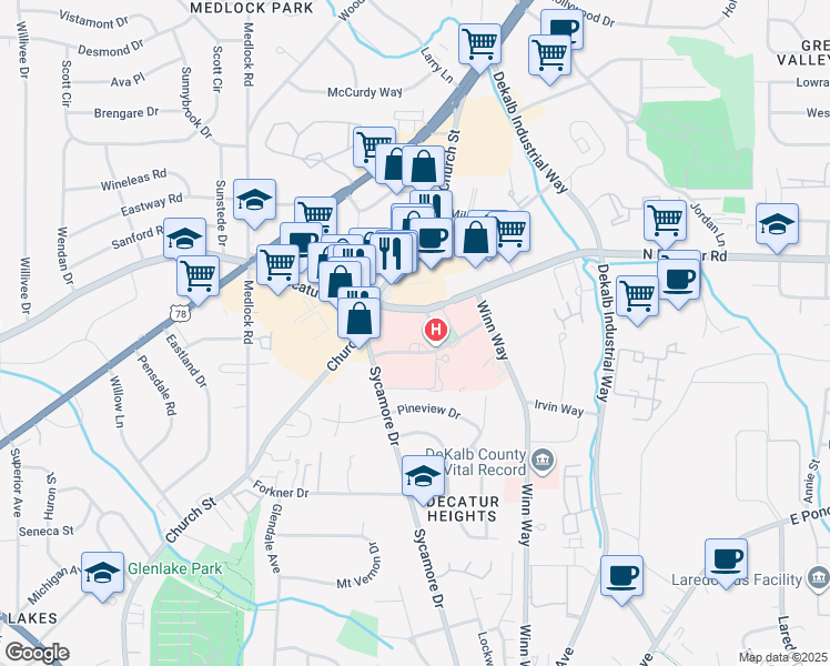 map of restaurants, bars, coffee shops, grocery stores, and more near 1555 Church Street in Decatur