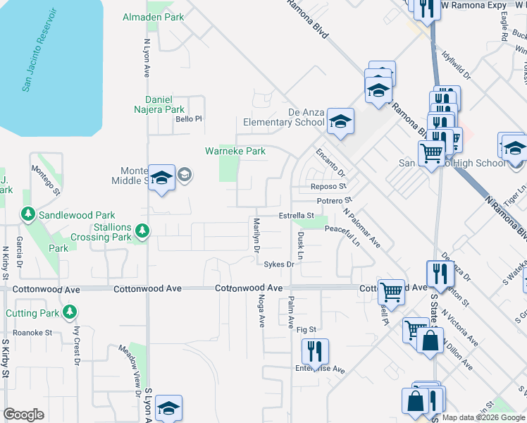 map of restaurants, bars, coffee shops, grocery stores, and more near 401 Hazeldell Avenue in San Jacinto