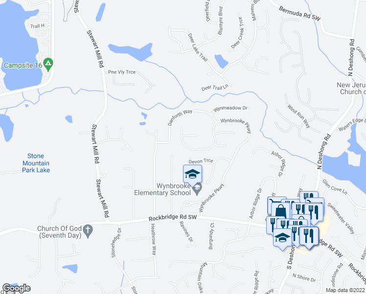 map of restaurants, bars, coffee shops, grocery stores, and more near 811 Wynbrooke Parkway in Stone Mountain