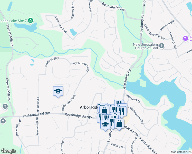 map of restaurants, bars, coffee shops, grocery stores, and more near 566 Arbor Ridge Drive in Stone Mountain