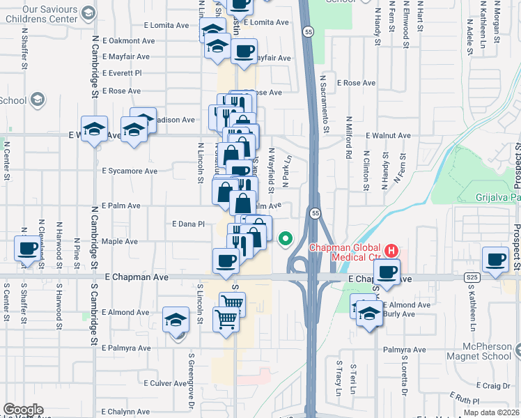 map of restaurants, bars, coffee shops, grocery stores, and more near 287 North Oak Street in Orange
