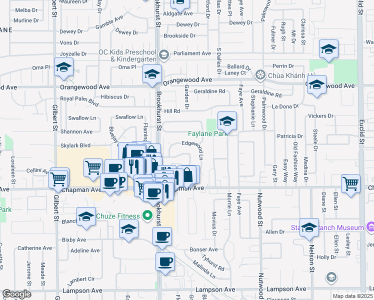 map of restaurants, bars, coffee shops, grocery stores, and more near 10171 Edgewood Lane in Garden Grove