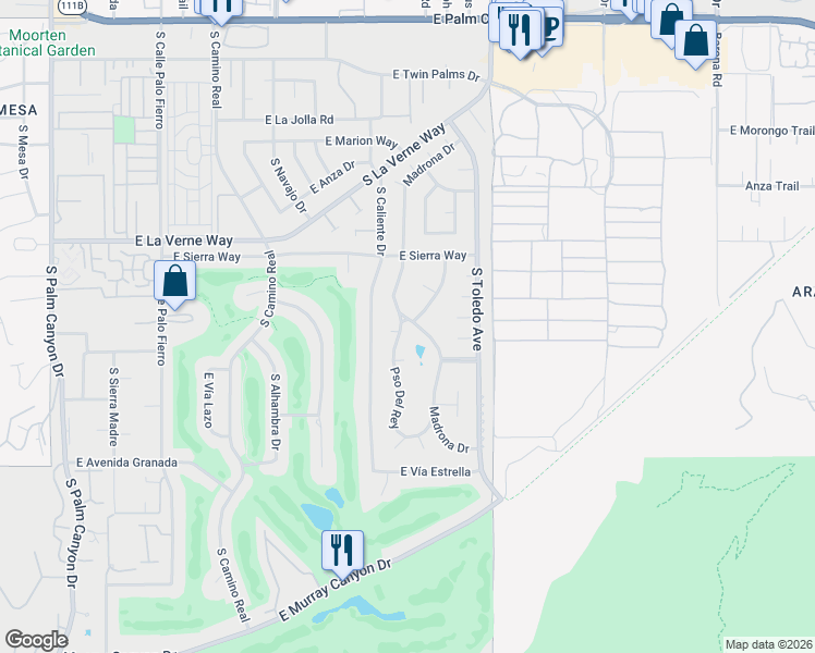 map of restaurants, bars, coffee shops, grocery stores, and more near 2202 Madrona Drive in Palm Springs
