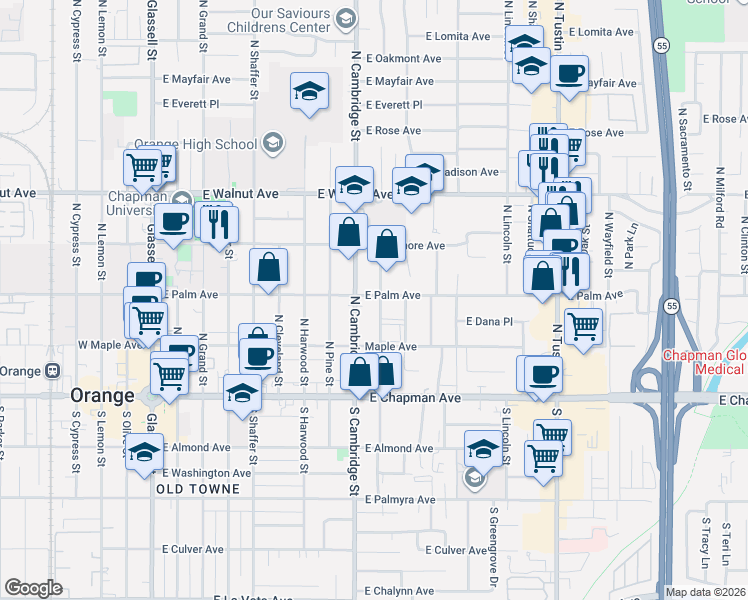 map of restaurants, bars, coffee shops, grocery stores, and more near 325 North Waverly Street in Orange