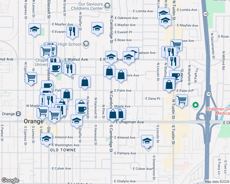 map of restaurants, bars, coffee shops, grocery stores, and more near 322 North Cambridge Street in Orange