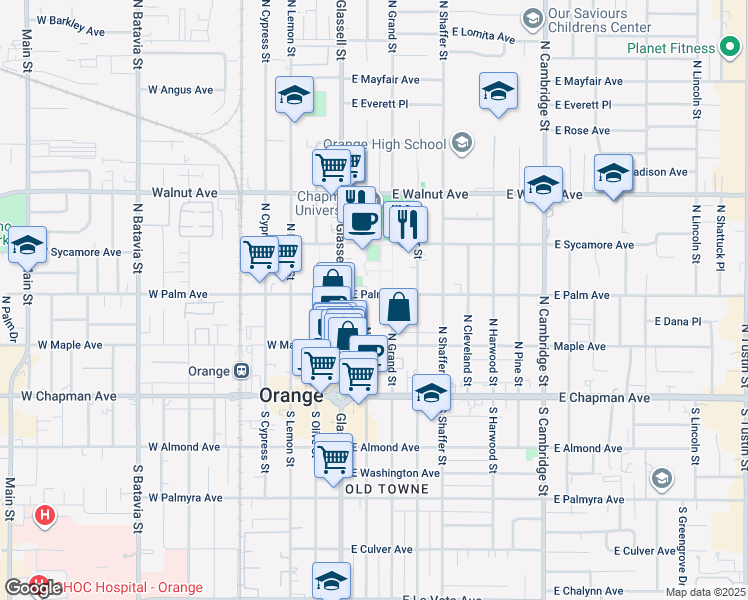 map of restaurants, bars, coffee shops, grocery stores, and more near 321 North Glassell Street in Orange