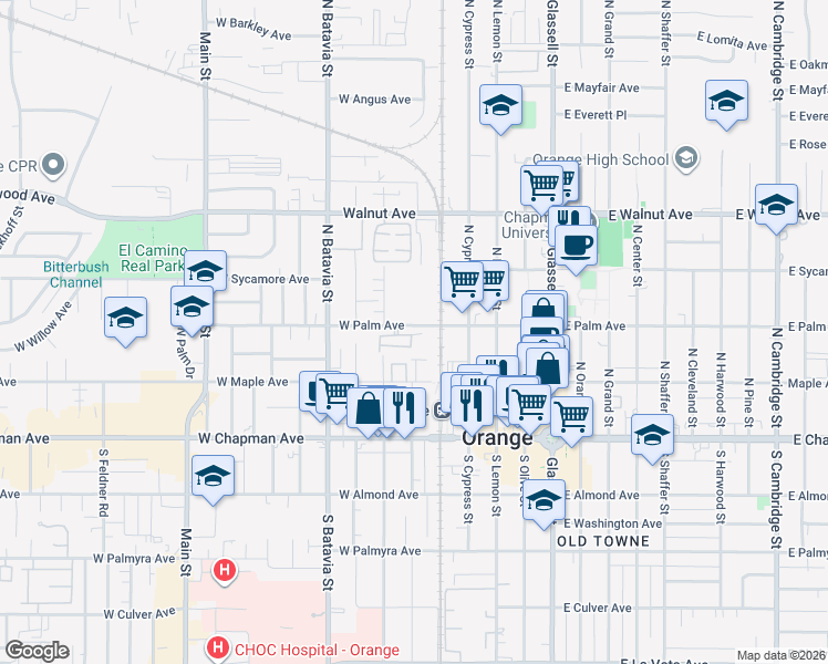 map of restaurants, bars, coffee shops, grocery stores, and more near 625 W Palm Ave in Orange