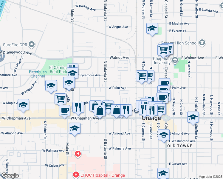 map of restaurants, bars, coffee shops, grocery stores, and more near 320 North Clark Street in Orange