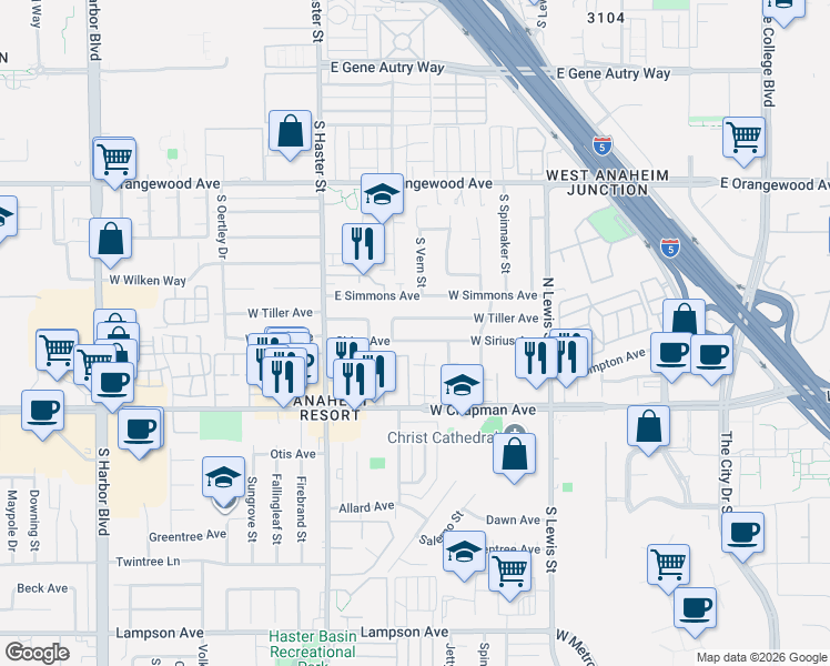map of restaurants, bars, coffee shops, grocery stores, and more near 4537 West Tiller Avenue in Orange