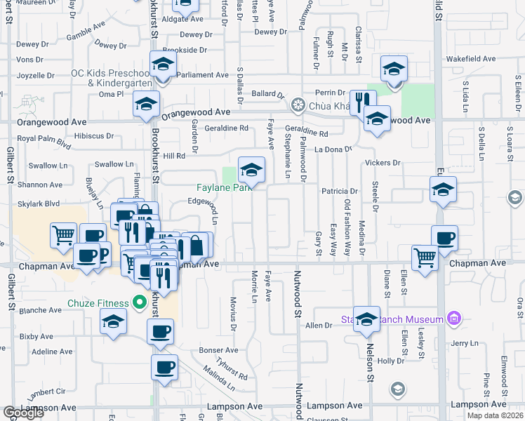 map of restaurants, bars, coffee shops, grocery stores, and more near 11752 Morrie Lane in Garden Grove