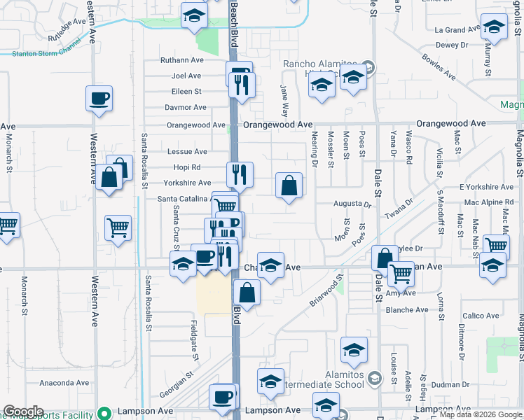 map of restaurants, bars, coffee shops, grocery stores, and more near 8069 Bever Place in Stanton