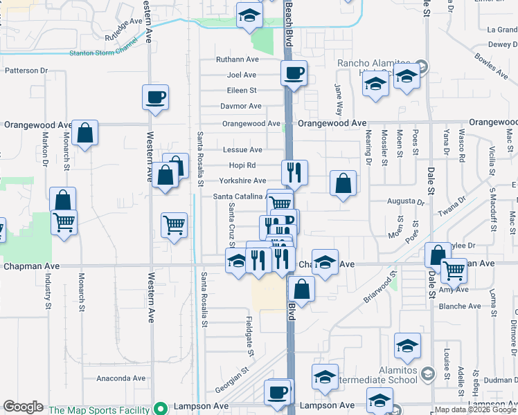 map of restaurants, bars, coffee shops, grocery stores, and more near 7891 Santa Catalina Avenue in Stanton